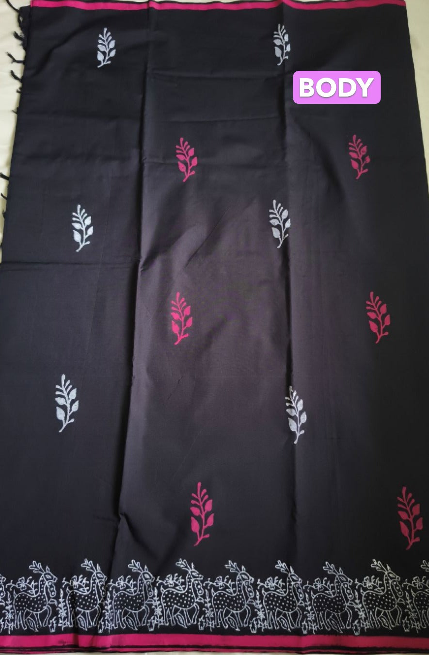 South Cotton Mix Block Printed Saree Black colour with Rose colour contrast blouse