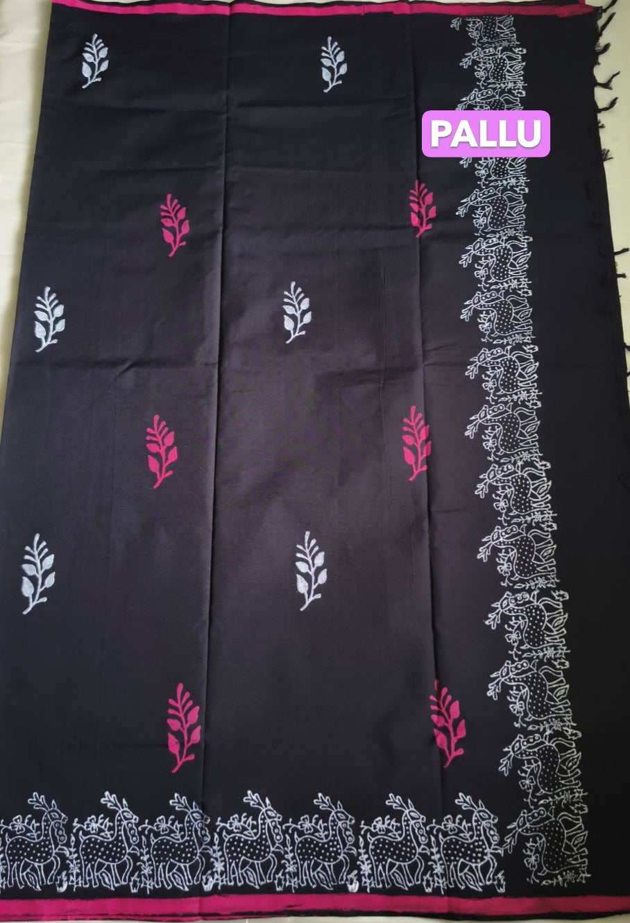 South Cotton Mix Block Printed Saree Black colour with Rose colour contrast blouse
