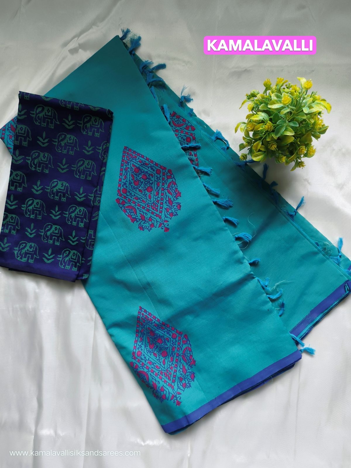 South Cotton Mix Block Printed Saree Teal colour with Royal Blue colour contrast blouse