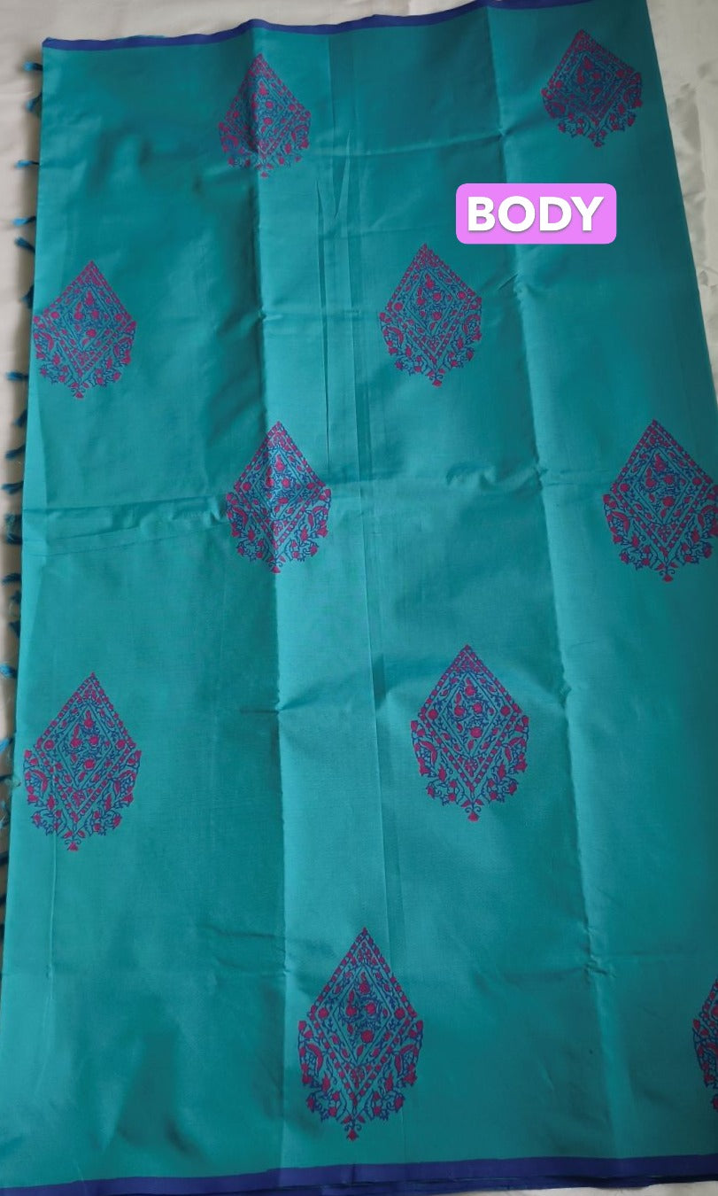 South Cotton Mix Block Printed Saree Teal colour with Royal Blue colour contrast blouse