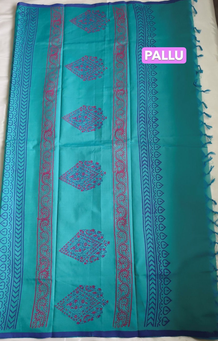 South Cotton Mix Block Printed Saree Teal colour with Royal Blue colour contrast blouse