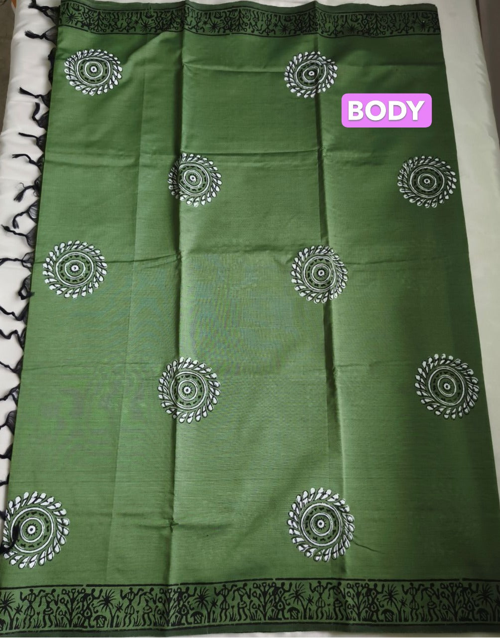South Cotton Mix Block Printed Saree Green colour with Black colour contrast blouse