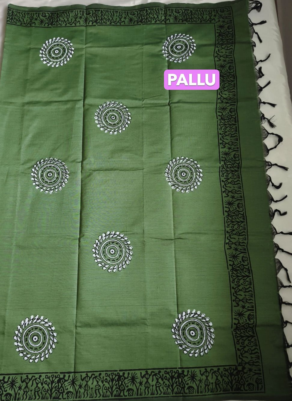 South Cotton Mix Block Printed Saree Green colour with Black colour contrast blouse