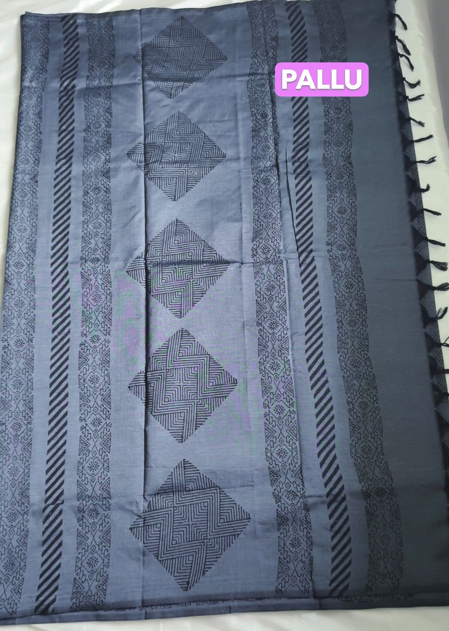 South Cotton Mix Block Printed Saree Charcoal Gray colour with Black colour contrast blouse
