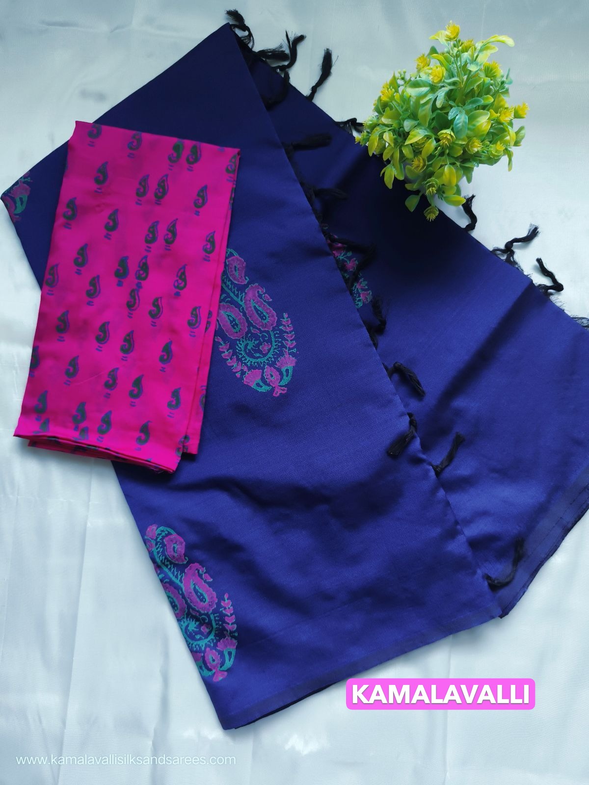 South Cotton Mix Block Printed Saree Blue colour with Rose colour contrast blouse