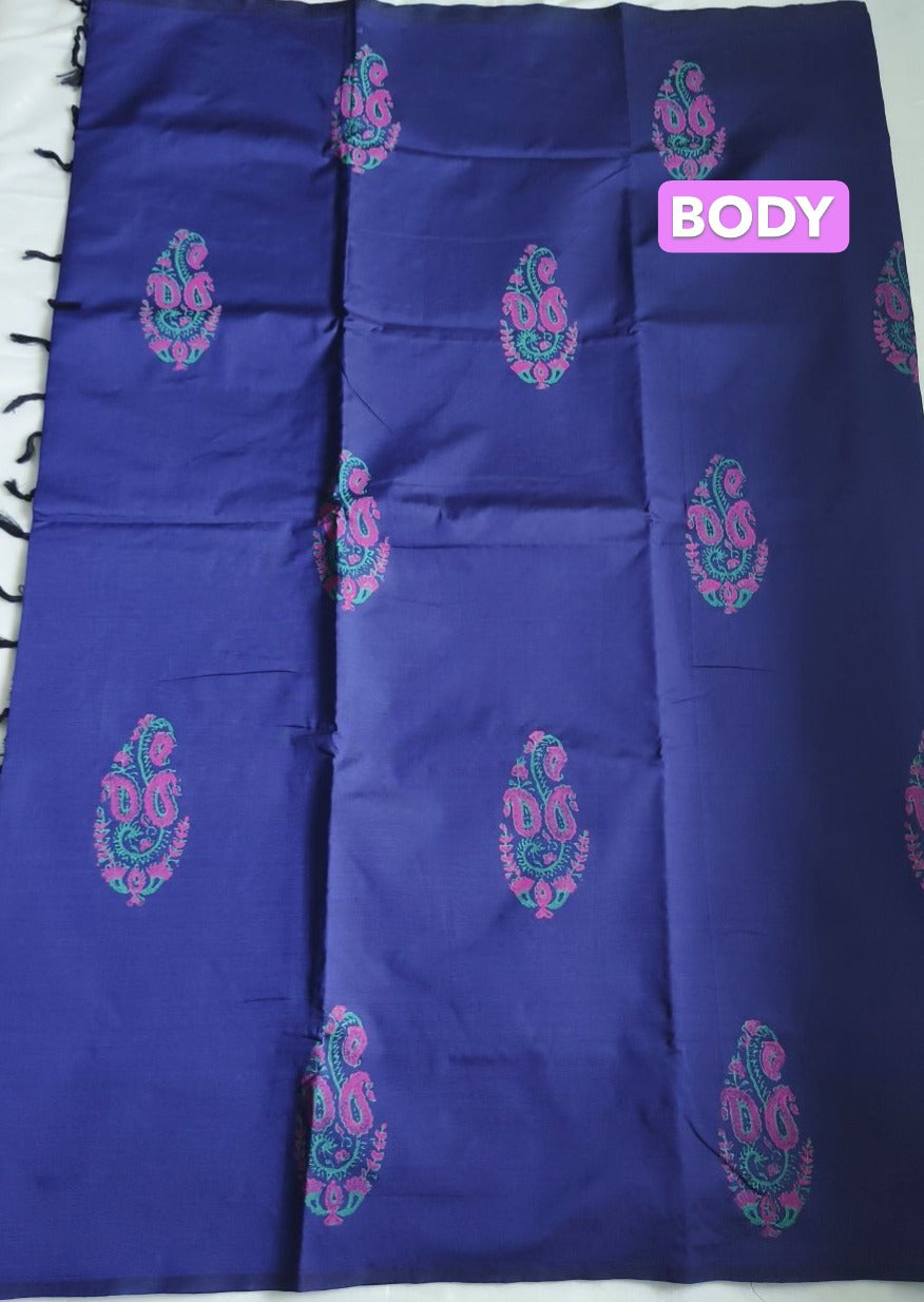 South Cotton Mix Block Printed Saree Blue colour with Rose colour contrast blouse