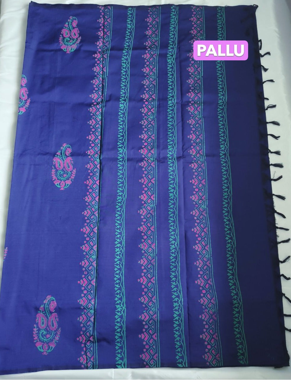 South Cotton Mix Block Printed Saree Blue colour with Rose colour contrast blouse