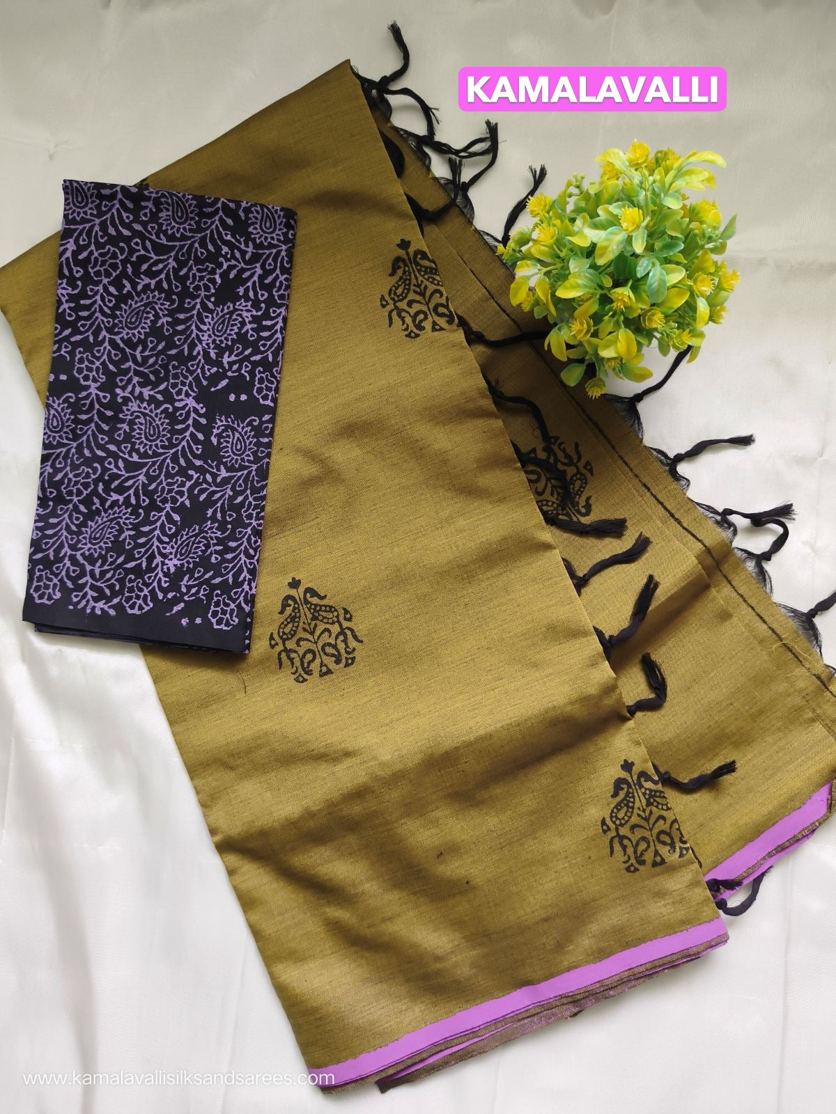 South Cotton Mix Block Printed Saree light mustard colour with Black colour contrast blouse