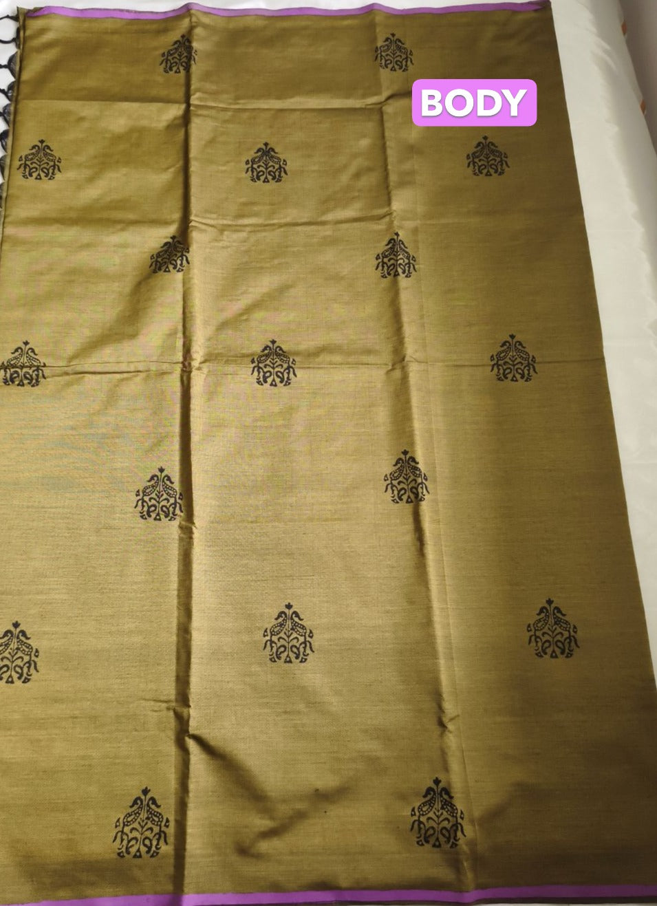 South Cotton Mix Block Printed Saree light mustard colour with Black colour contrast blouse