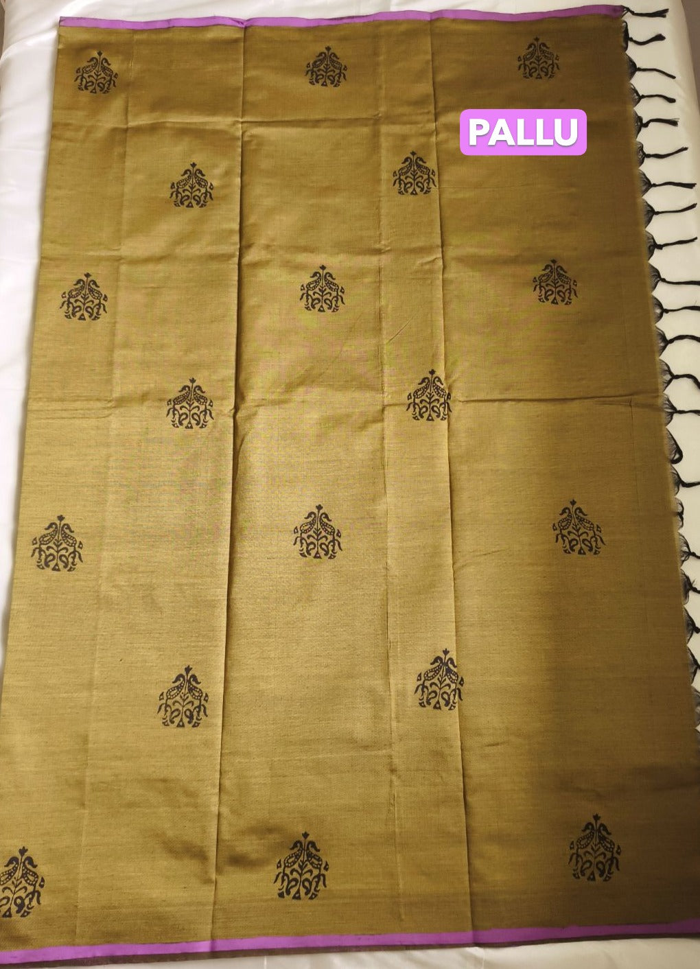 South Cotton Mix Block Printed Saree light mustard colour with Black colour contrast blouse