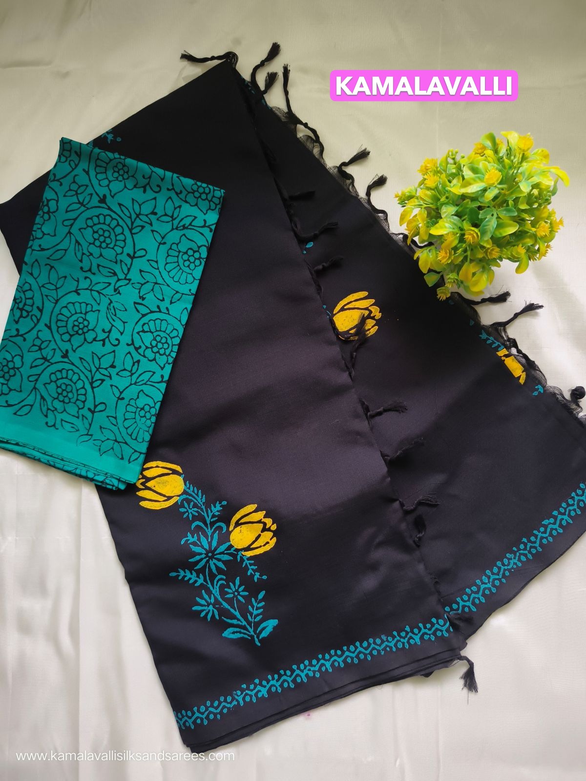 South Cotton Mix Block Printed Saree Black colour with Blue colour contrast blouse