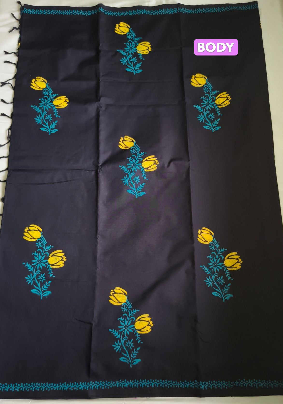 South Cotton Mix Block Printed Saree Black colour with Blue colour contrast blouse