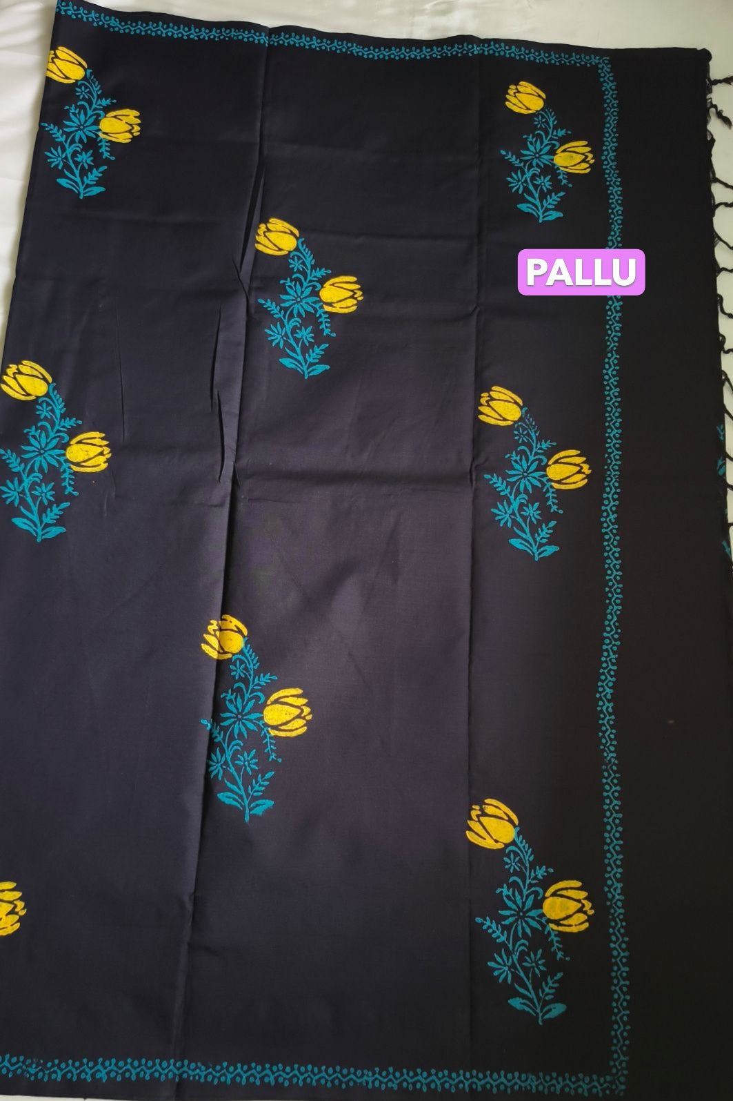 South Cotton Mix Block Printed Saree Black colour with Blue colour contrast blouse