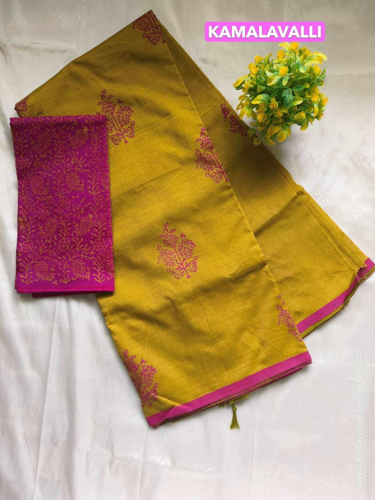 South Cotton Mix Block Printed Saree Mustard Yellow colour with Rose colour contrast blouse