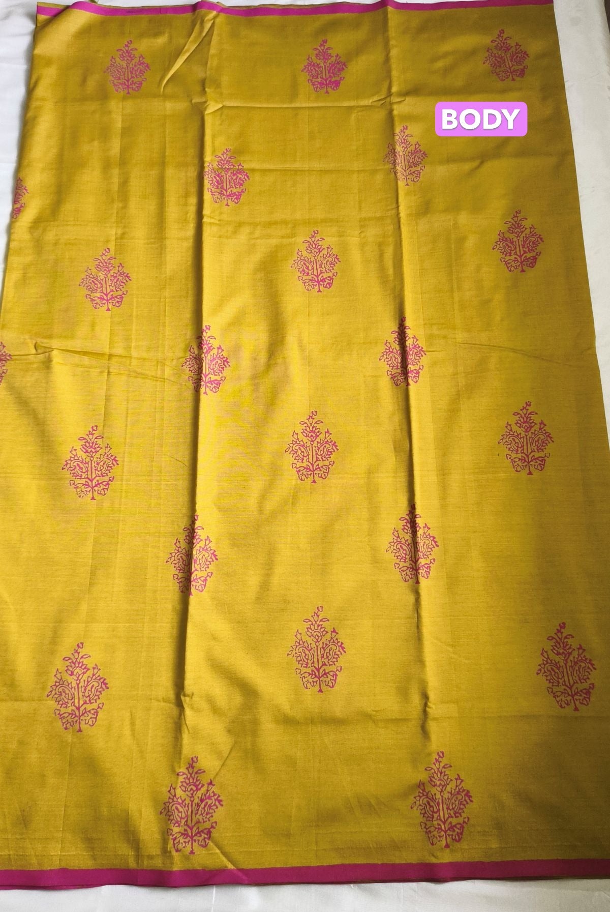 South Cotton Mix Block Printed Saree Mustard Yellow colour with Rose colour contrast blouse
