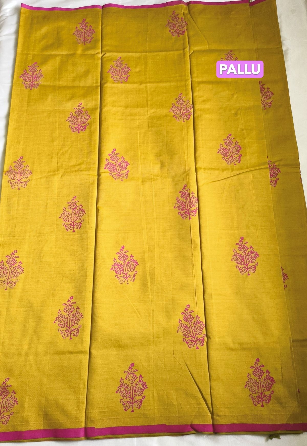 South Cotton Mix Block Printed Saree Mustard Yellow colour with Rose colour contrast blouse