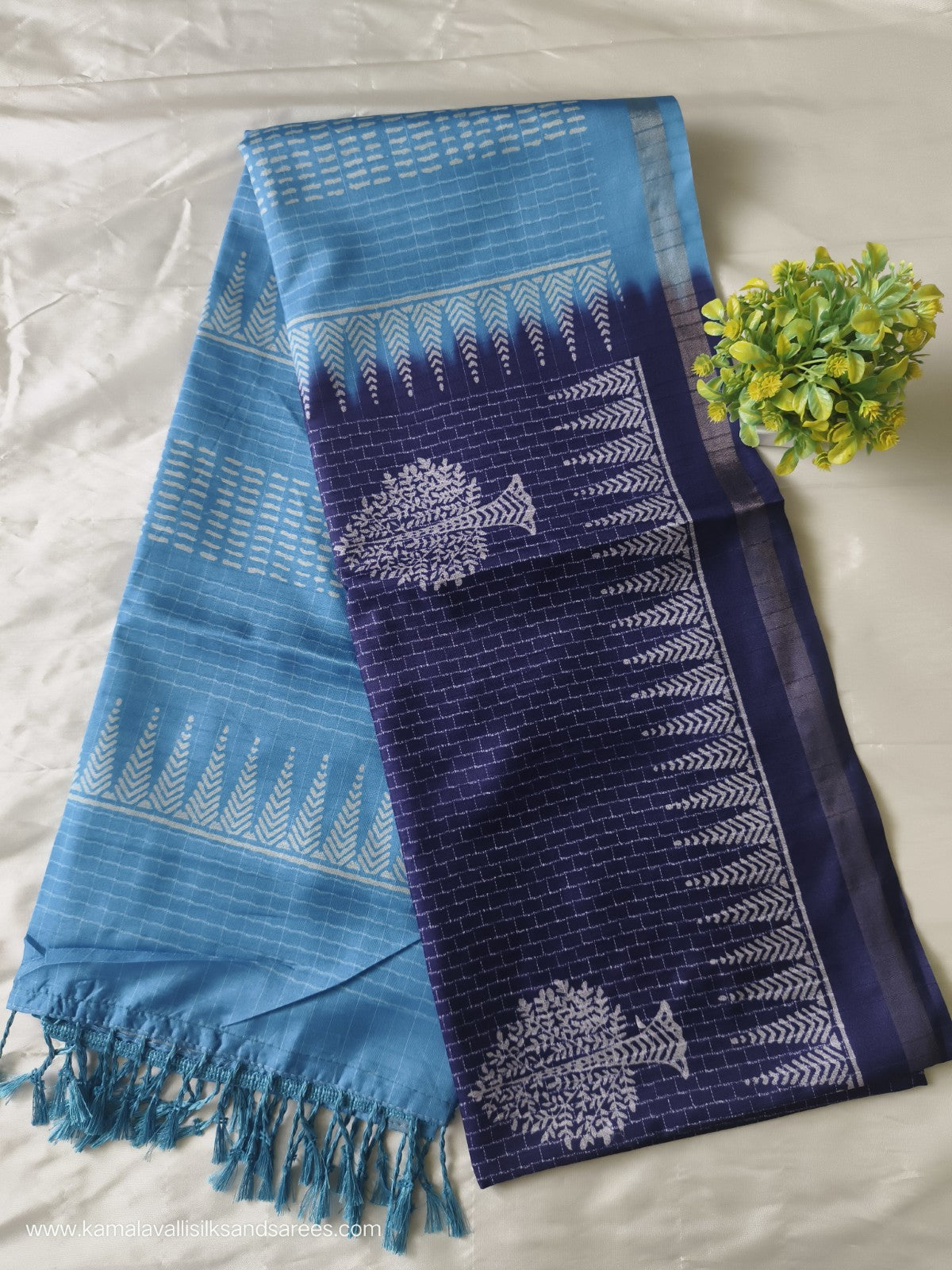 Semi Tussar Saree Blue and Sky Blue Colour