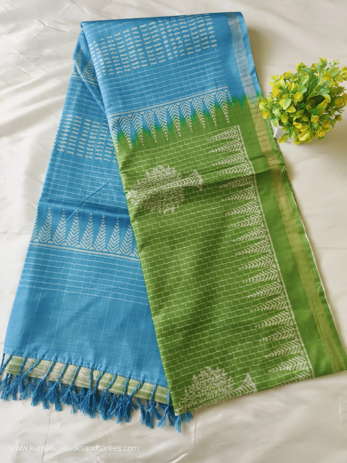 Semi Tussar Saree Green and Sky Blue Colour
