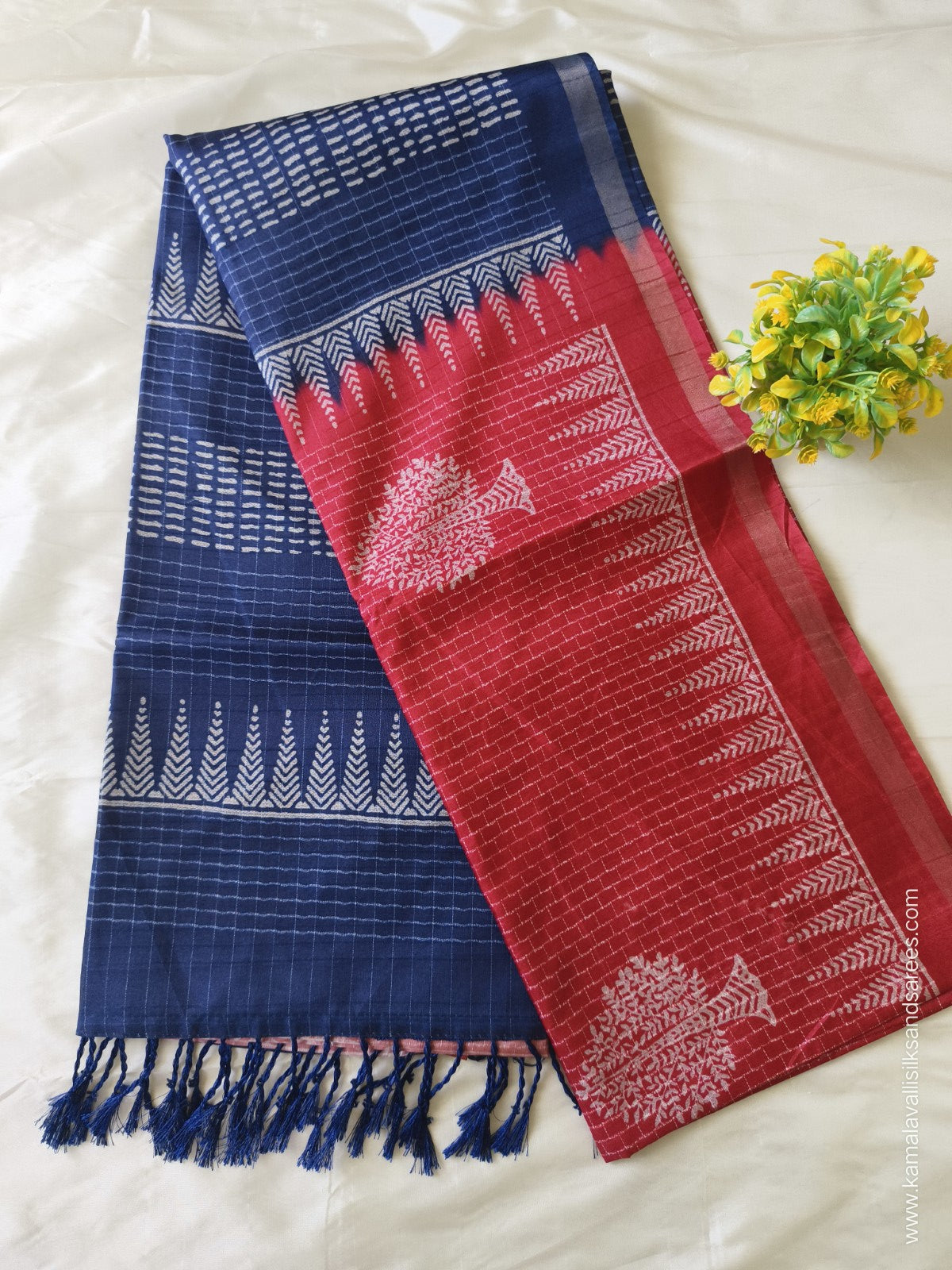 Semi Tussar Saree Red and Blue Colour