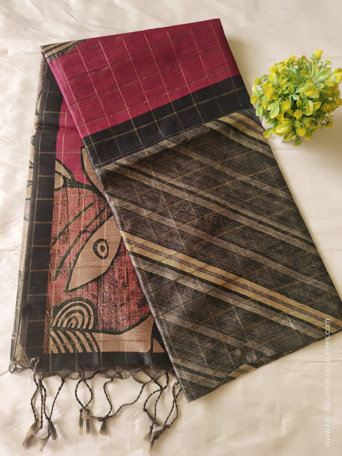 Semi Tussar Saree Black and Gray Colour