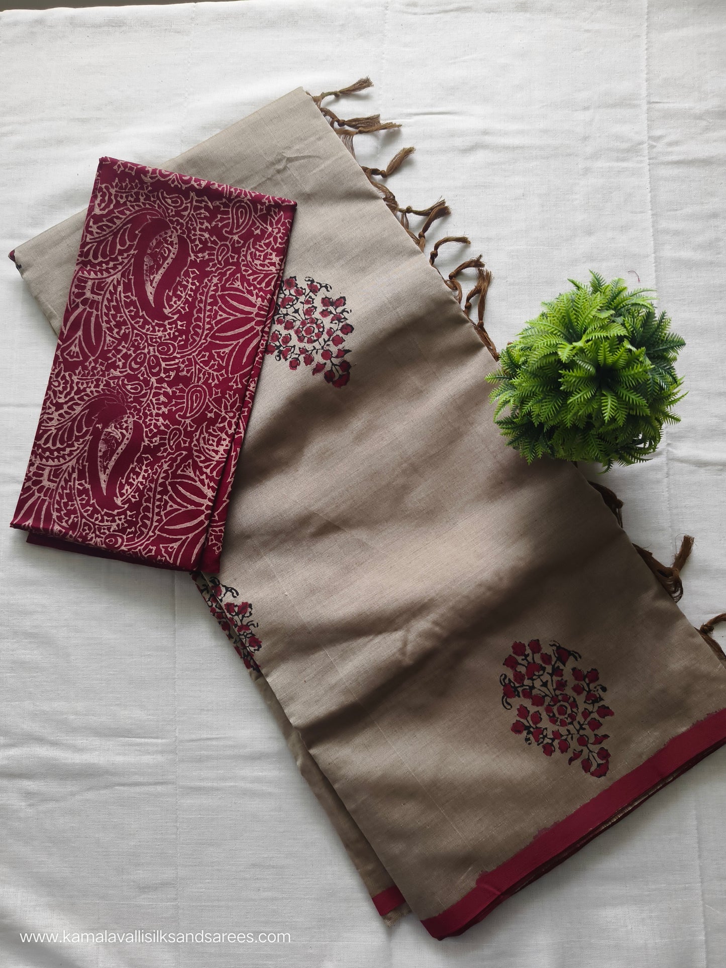 South Cotton Mix Block Printed Saree Cinerious colour with Brown colour contrast blouse