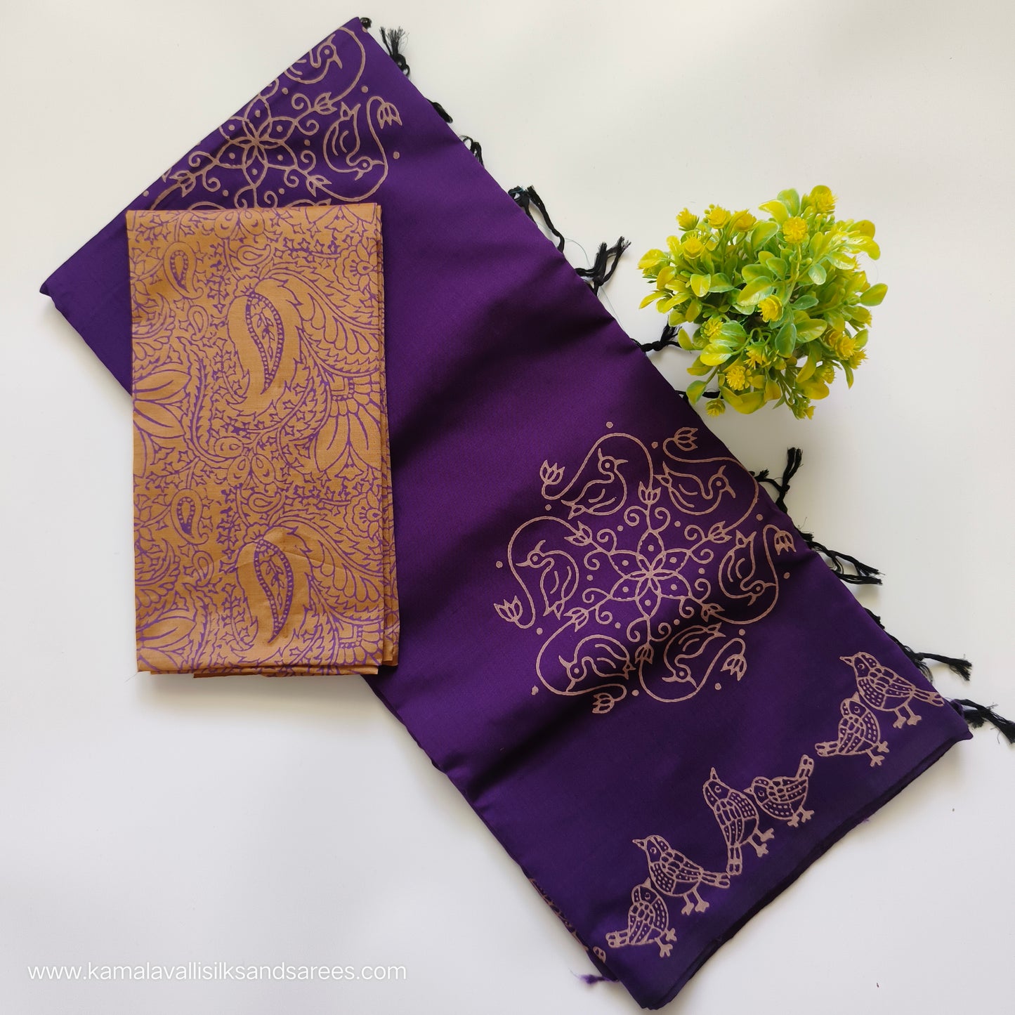 South Cotton Mix Block Printed Saree Violet colour with sandal contrast blouse