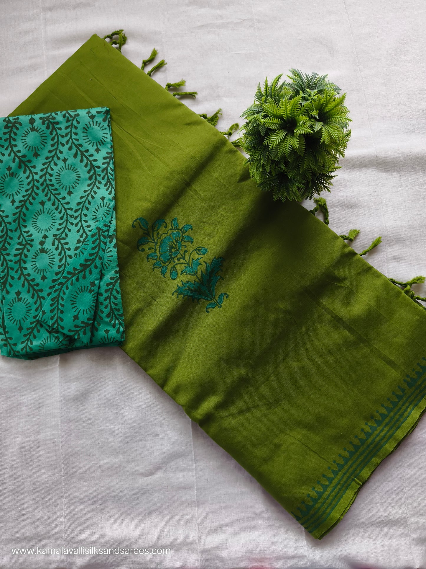 South Cotton Mix Block Printed Saree Green colour with Copper sulphate Blue colour blouse