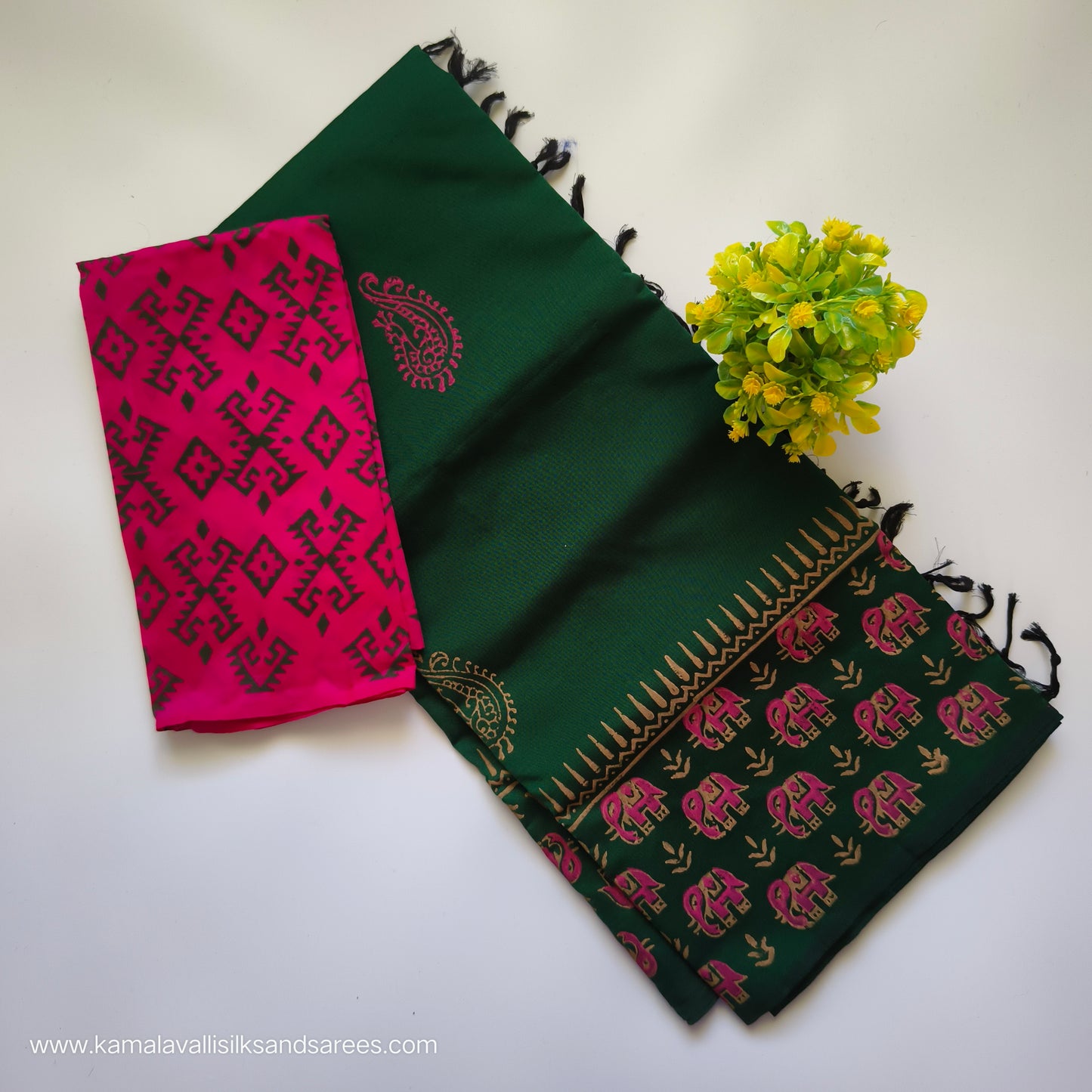 South Cotton Mix Block Printed Saree Green colour with Rose colour blouse