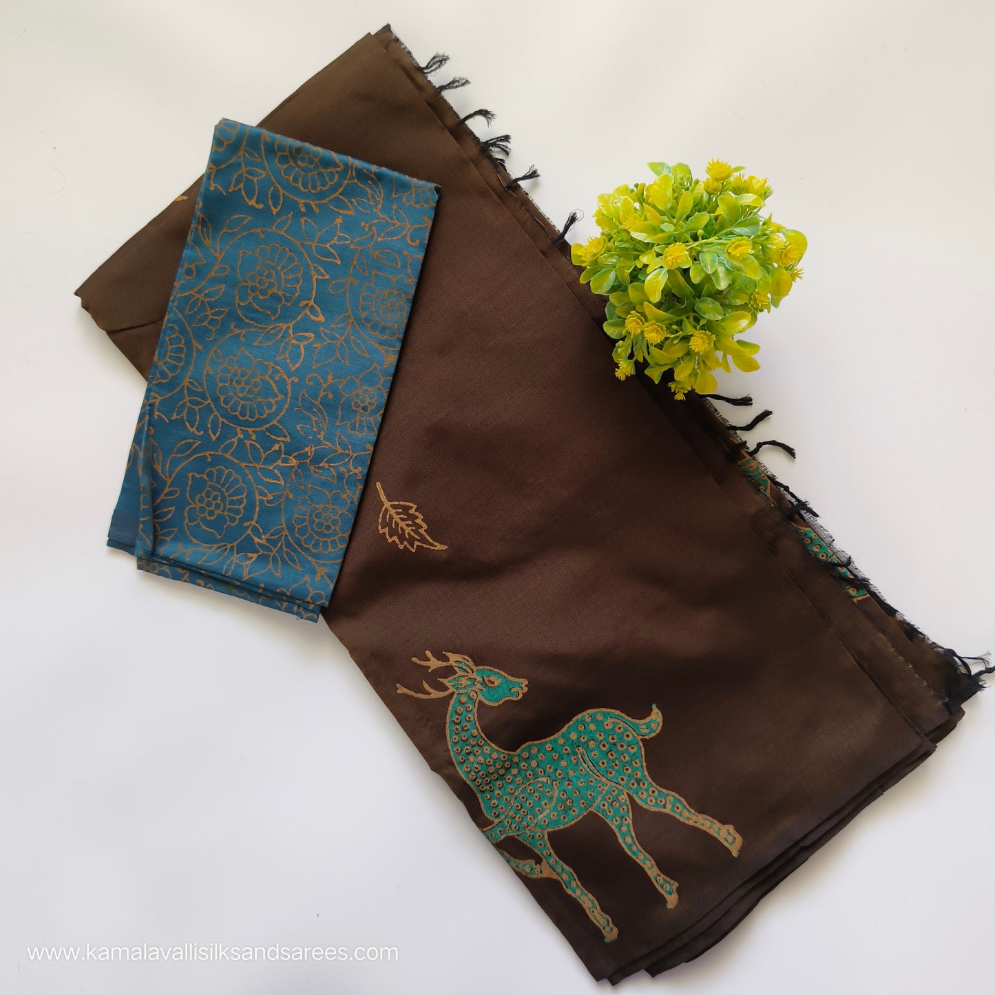South Cotton Mix Block Printed Saree Coffee Brown colour with Blue colour contrast blouse