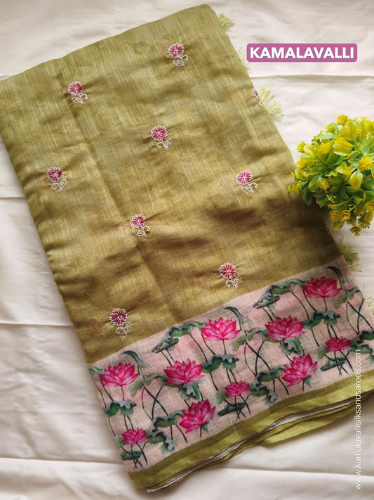 Chanderi Embroidery Cotton Saree Pastel Green Colour