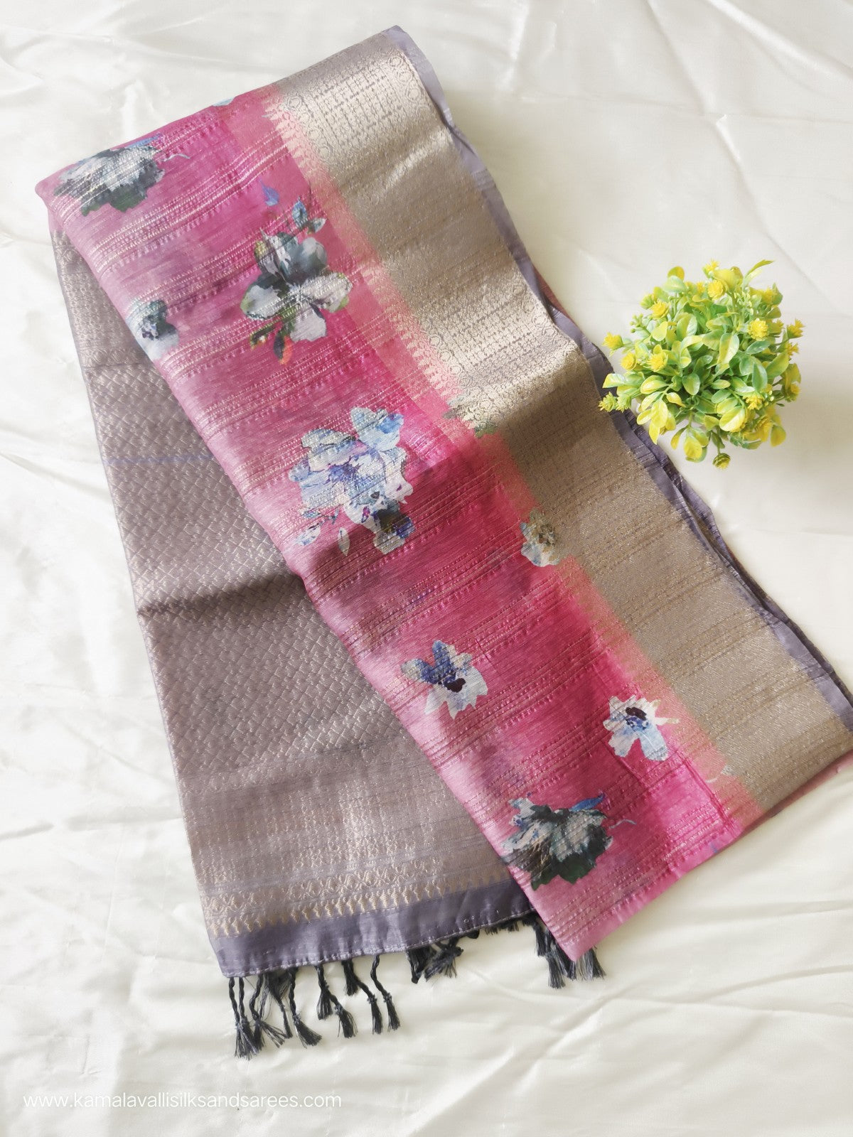 Tissue Silk Saree Pink Colour with Floral Pattern