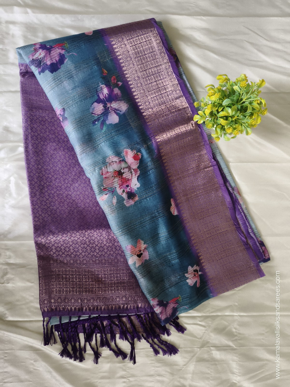 Tissue Silk Saree Blue and Purple Colour with Floral Pattern
