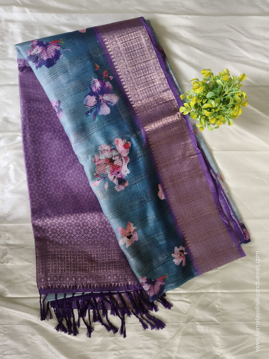 Tissue Silk Saree Blue and Purple Colour with Floral Pattern