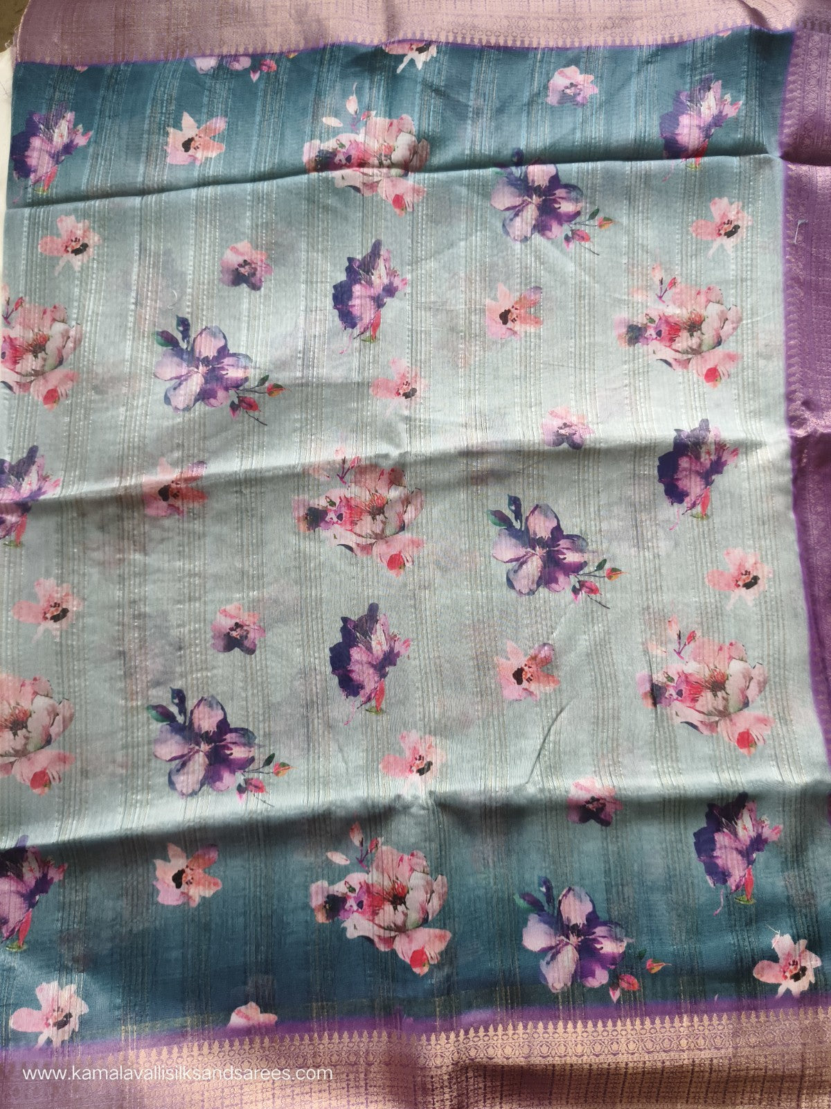 Tissue Silk Saree Blue and Purple Colour with Floral Pattern