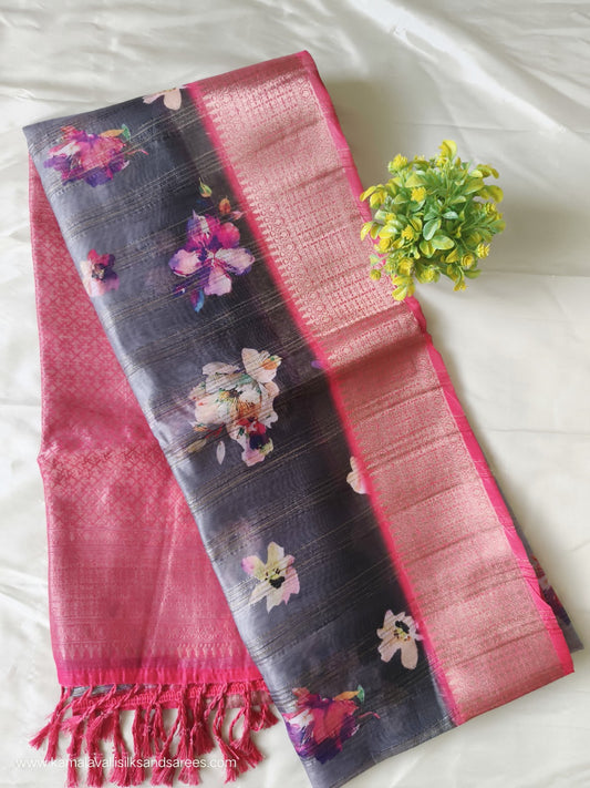 Tissue Silk Saree Grey and Pink Colour with Floral Pattern