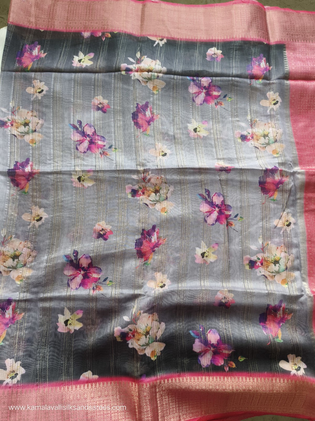 Tissue Silk Saree Grey and Pink Colour with Floral Pattern