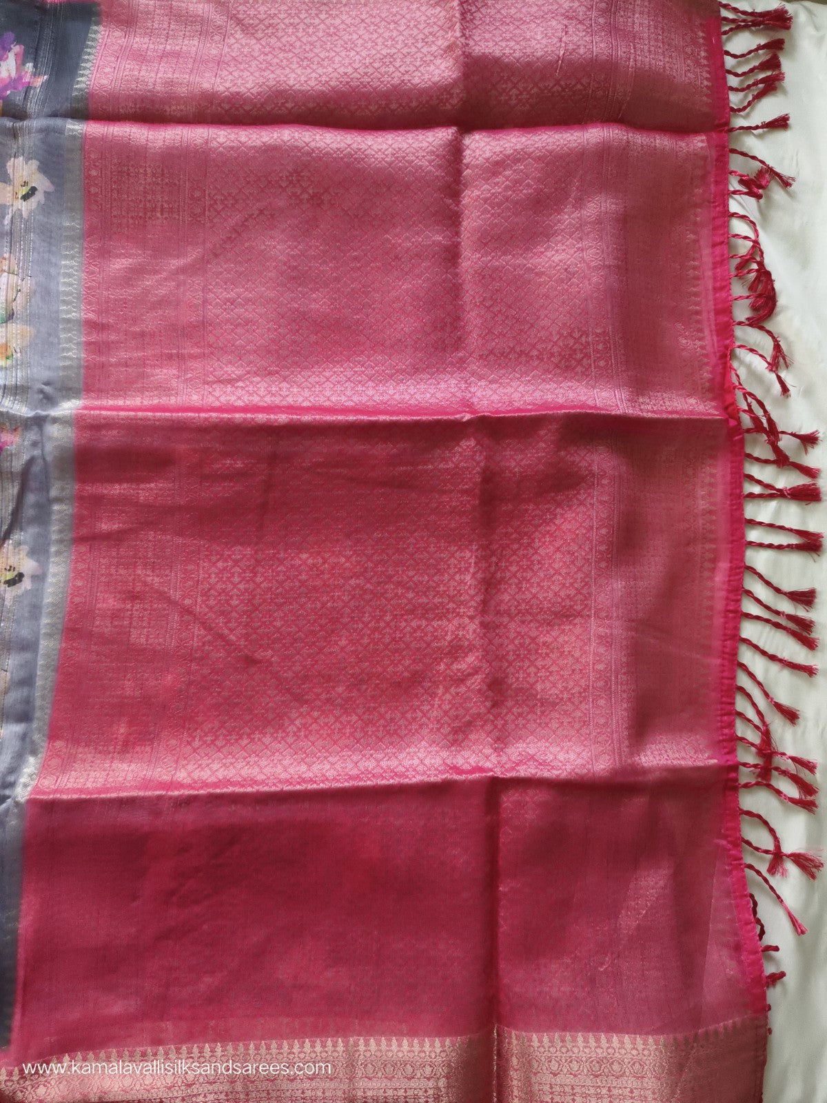 Tissue Silk Saree Grey and Pink Colour with Floral Pattern