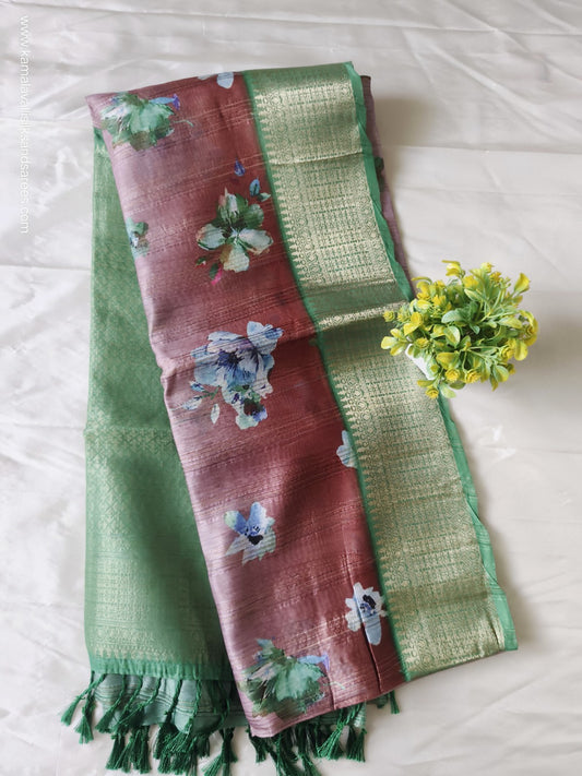 Tissue Silk Saree Brown and Green Colour with Floral Pattern