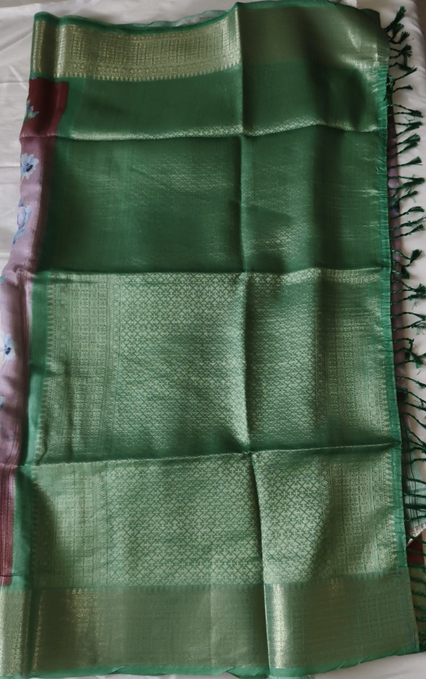 Tissue Silk Saree Brown and Green Colour with Floral Pattern
