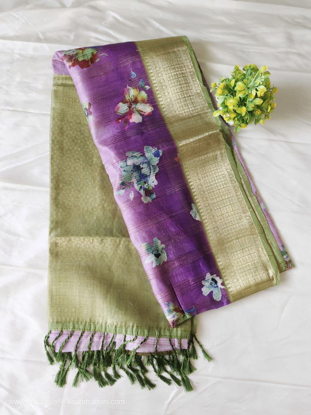 Tissue Silk Saree Purple and Green Colour with Floral Pattern