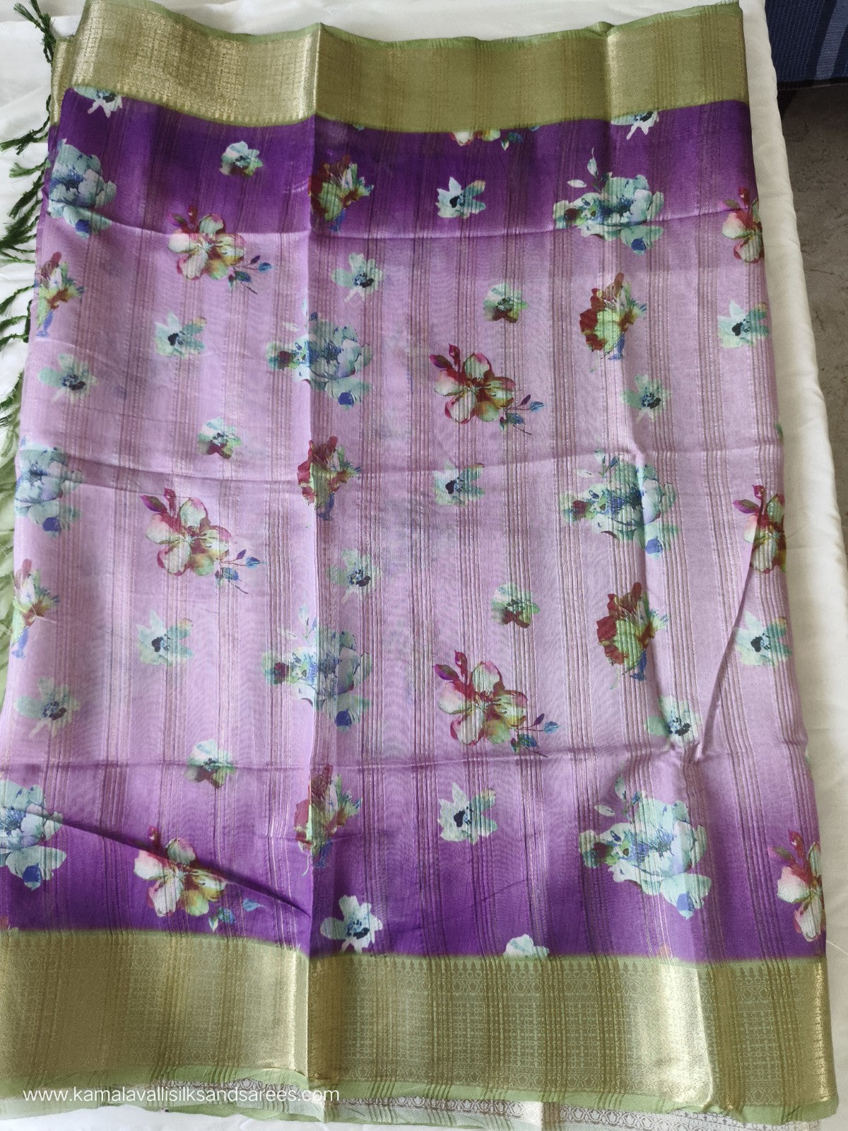 Tissue Silk Saree Purple and Green Colour with Floral Pattern