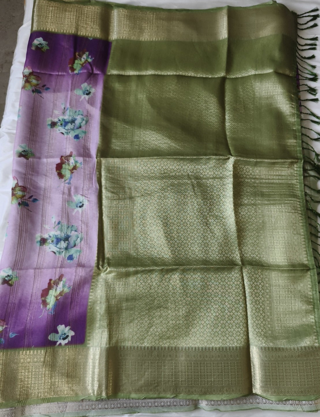 Tissue Silk Saree Purple and Green Colour with Floral Pattern