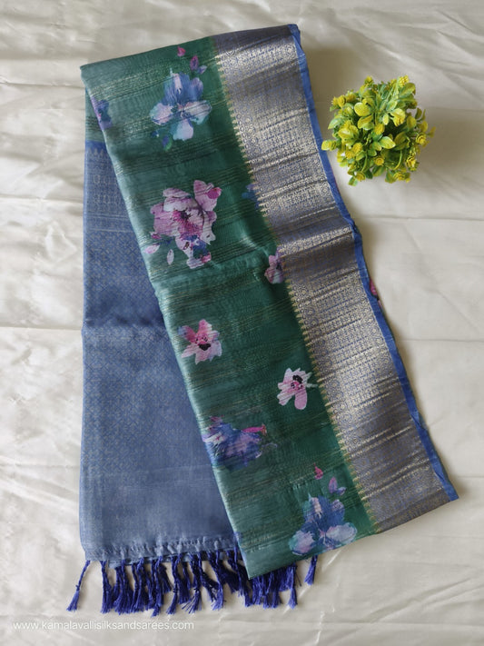 Tissue Silk Saree Blue and Green Colour with Floral Pattern