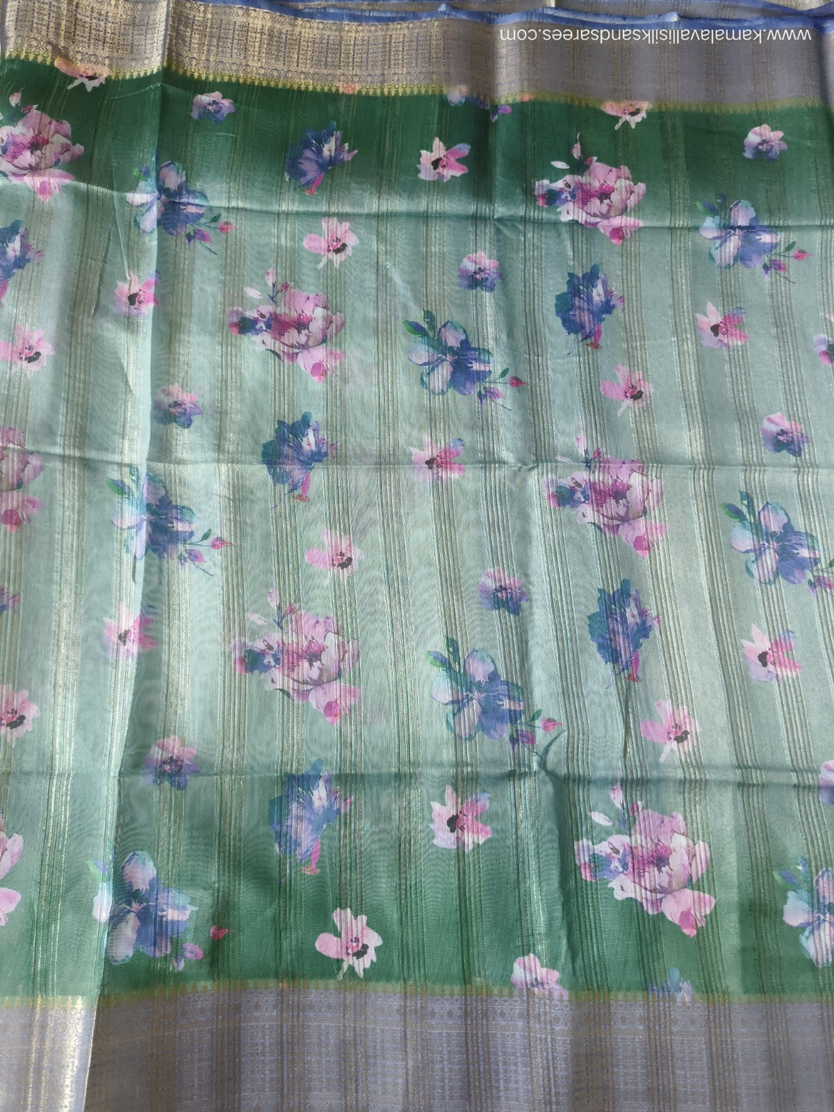 Tissue Silk Saree Blue and Green Colour with Floral Pattern