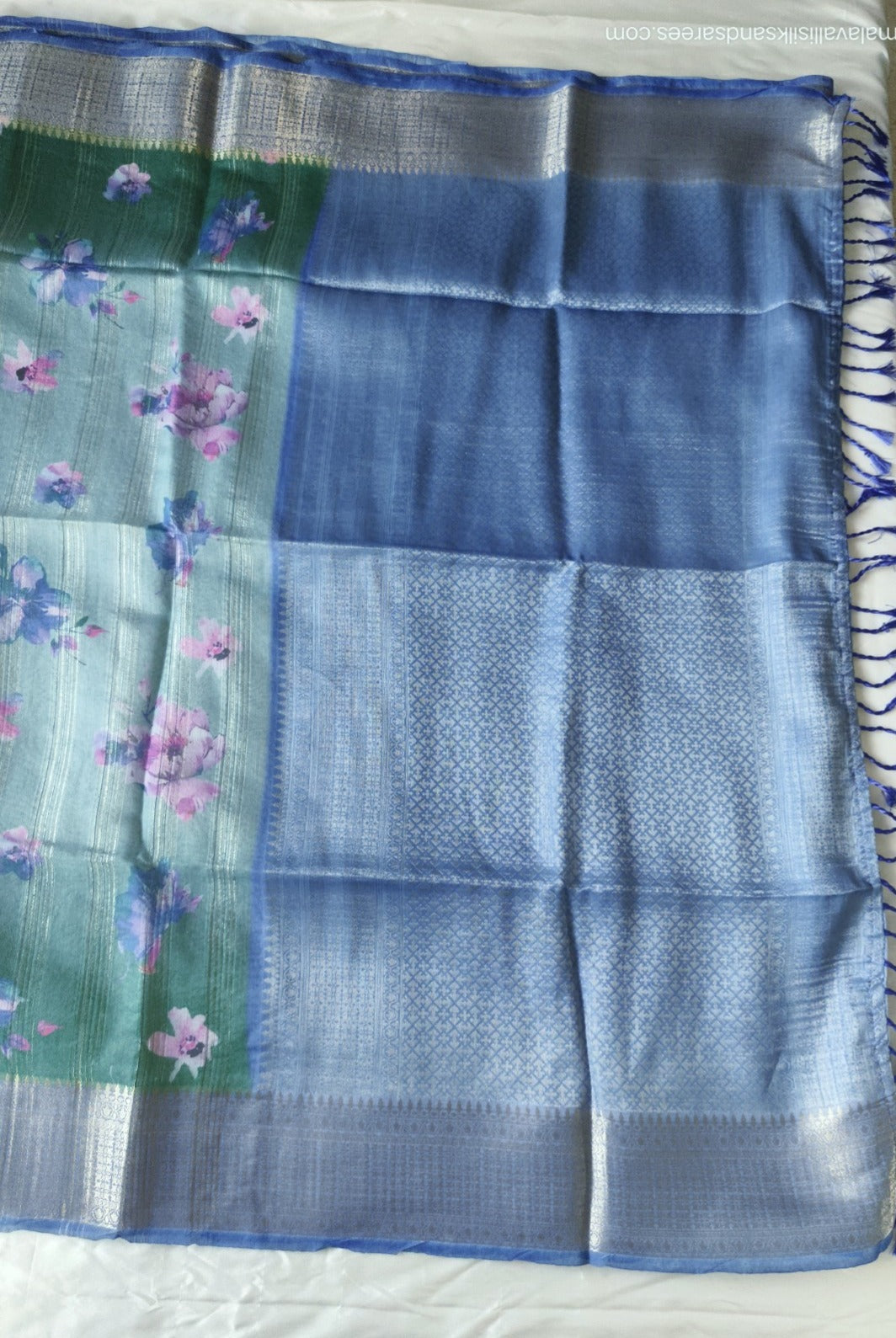 Tissue Silk Saree Blue and Green Colour with Floral Pattern