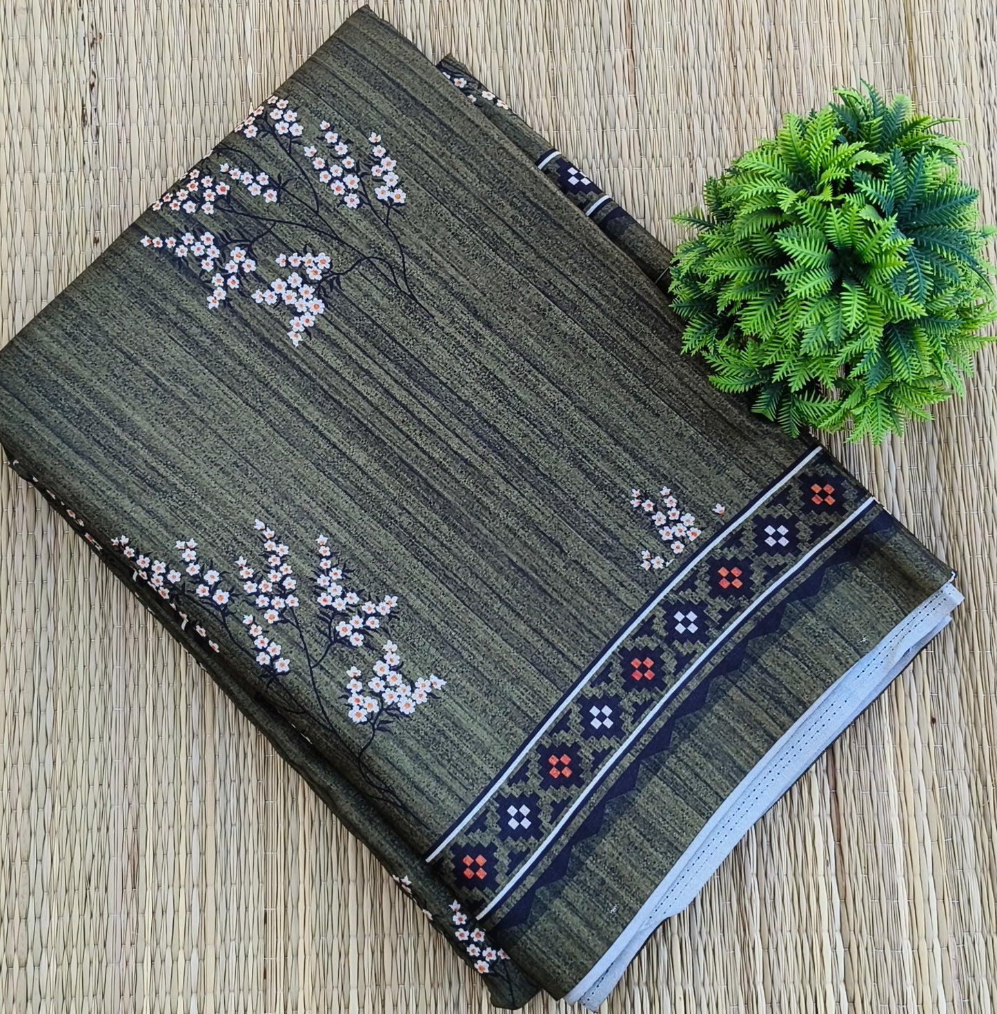 Fancy Jute Cotton Saree Bottle Green colour