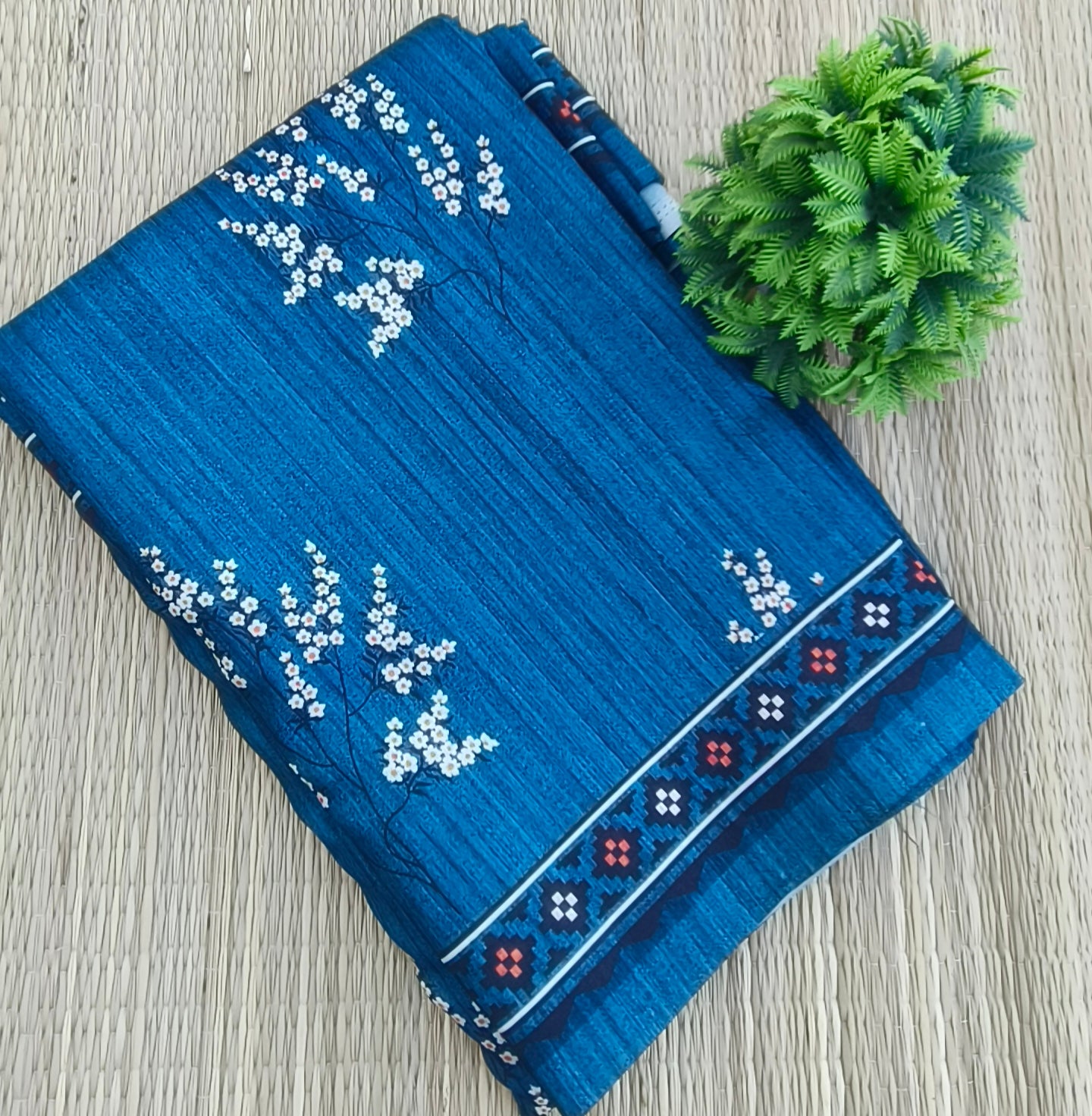 Fancy Jute Cotton Saree Peacock Blue colour
