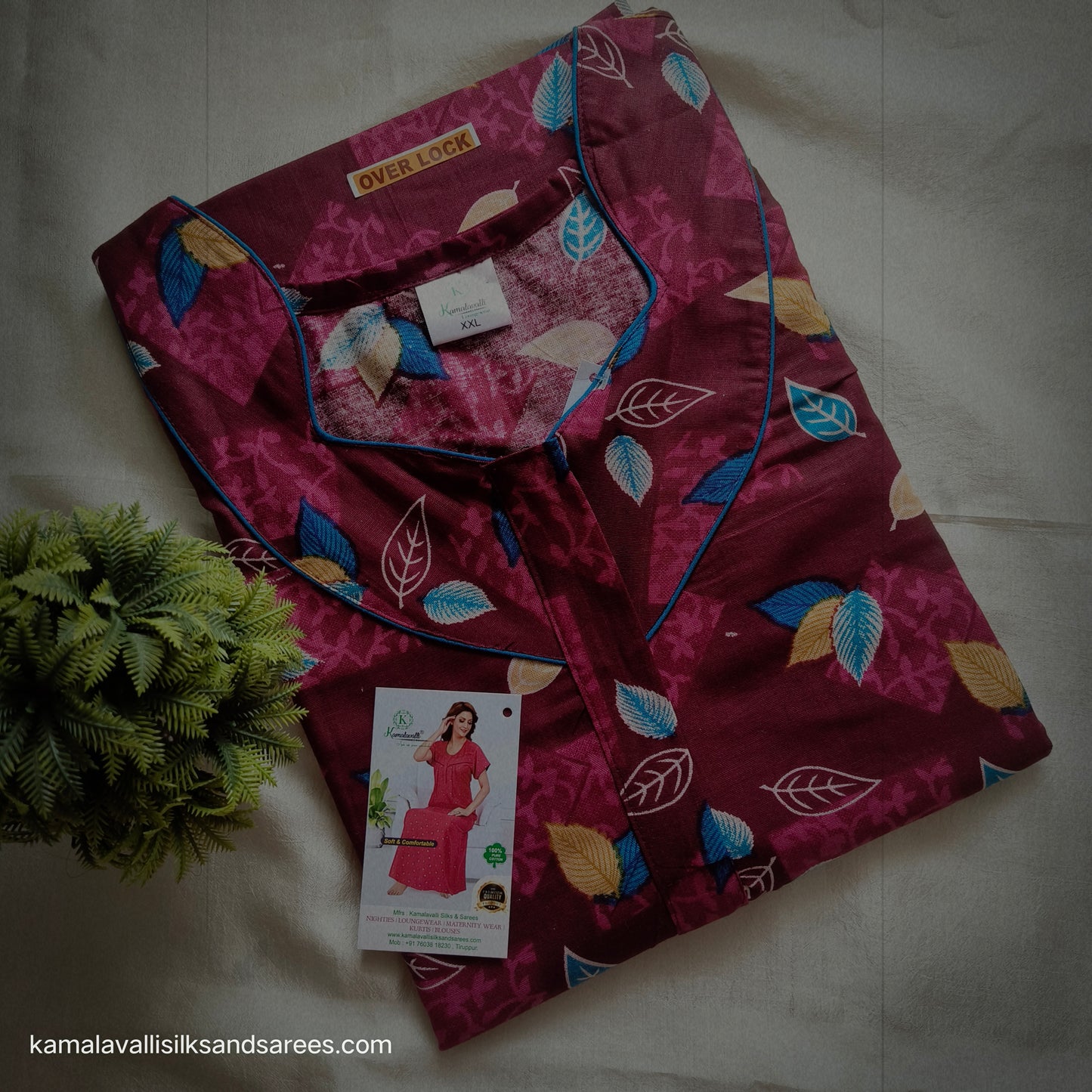 Cotton Nighty meroon with blue and yellow colour print