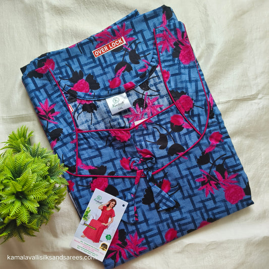 Cotton Nighty Blue with rose and black colour print