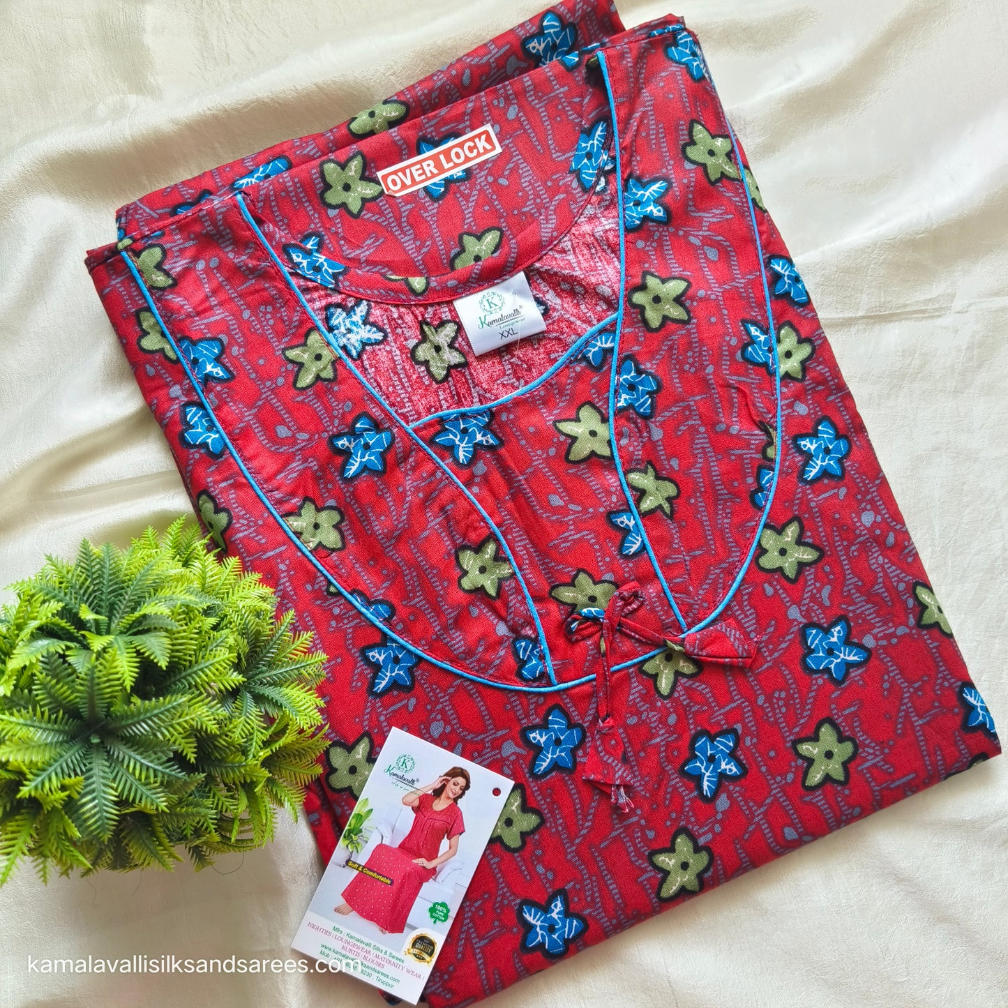 Cotton Nighty red colour with blue and green colour print